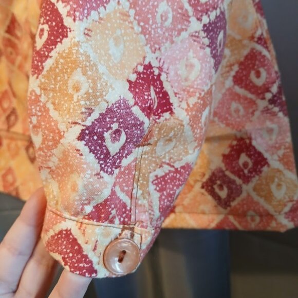 Nwt Mock neck Button up Dress Shirt womens M Mustard Peach Magenta geometric LS - Picture 6 of 10